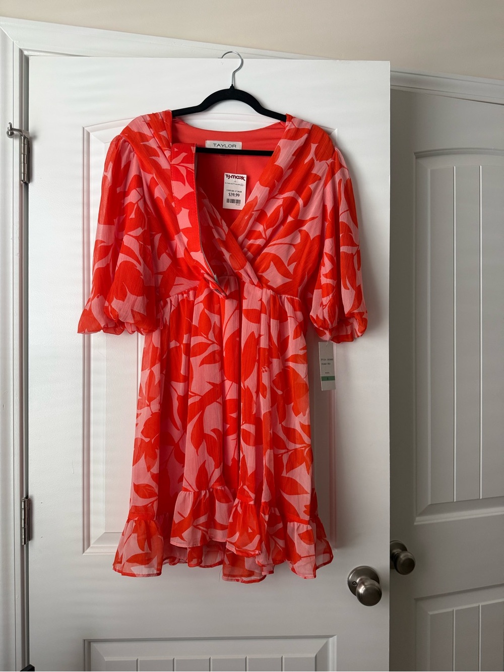 Taylor Red-Pink Floral V-Neck Mini Dress with Matching Belt